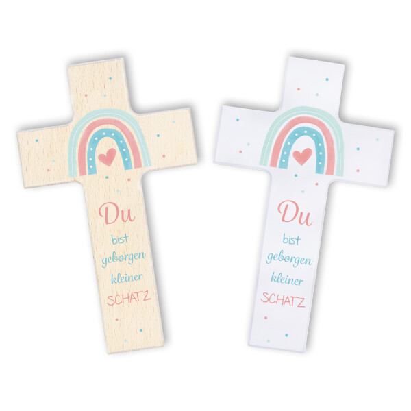 Holzkreuz "Herz unterm Regenbogen" - Du bist geborgen kleiner Schatz