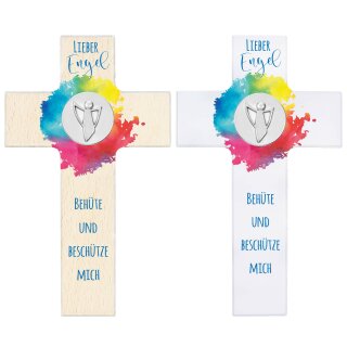 Wandkreuz "Lieber Engel behüte und beschütze mich" mit buntem Farbkleks und Engelmünze, 15cm