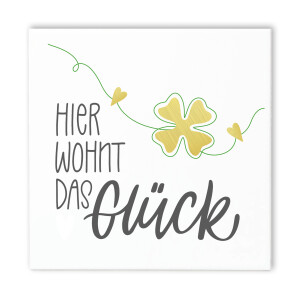 Spruchtafel "Hier wohnt das Glück" 15x15 cm – Feinsteinplatte mit Kleeblatt, inkl. Eichenholzständer & Wandaufhängung