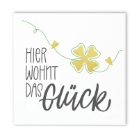 Spruchtafel "Hier wohnt das Glück" 15x15 cm – Feinsteinplatte mit Kleeblatt, inkl. Eichenholzständer & Wandaufhängung