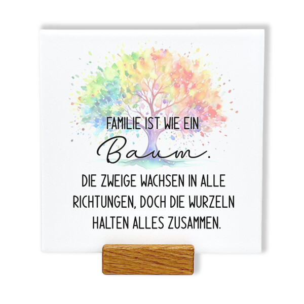 Spruchtafel Familie ist wie ein Baum | Dekotafel 15x15 cm mit Holzständer & Wandaufhängung | Fritz Cox Design