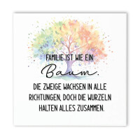 Spruchtafel Familie ist wie ein Baum | Dekotafel 15x15 cm mit Holzständer & Wandaufhängung | Fritz Cox Design