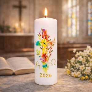 Osterkerze Regenbogenkreuz und Ranke, 150x50mm