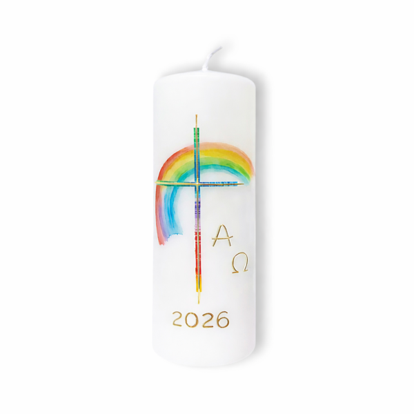 Osterkerze Regenbogen, mit Jahreszahl, A&O, 15x6cm