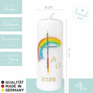 Osterkerze Regenbogen, mit Jahreszahl, A&O, 15x6cm
