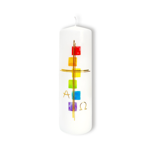 Osterkerze Regenbogen-Kacheln, mit A&O, 15x6cm