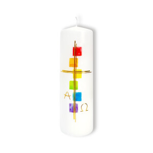 Osterkerze Regenbogen-Kacheln, mit A&O, 15x6cm
