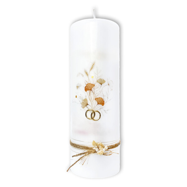Rustikale Hochzeitskerze mit Trockenblumen & goldenen Ringen – Natur-Traukerze 25x8 cm im Boho-Stil
