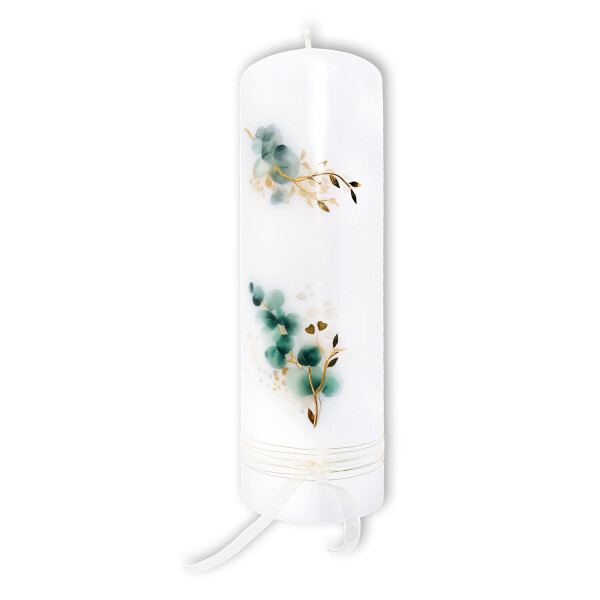Hochzeitskerze mit Eukalyptus & Gold – Elegante Traukerze mit Satinband – 25x8 cm aus Paraffinwachs