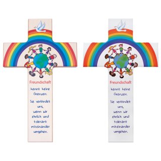 Holzkreuz Freundschafts-Kreis mit Kindern der Welt unterm Regenbogen