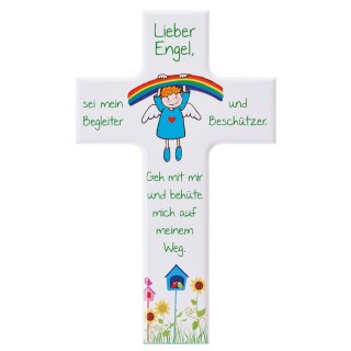 Kinder- Holzkreuz: Regenbogen-Engel 15 cm, weiß