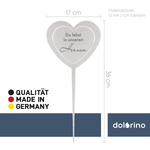 DOLORINO Grabstecker: Edelstahl Herz Du lebst in unseren Herzen